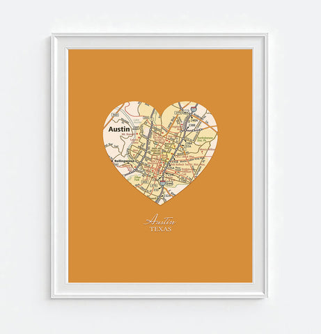 Austin Texas Vintage Heart Map ART PRINT