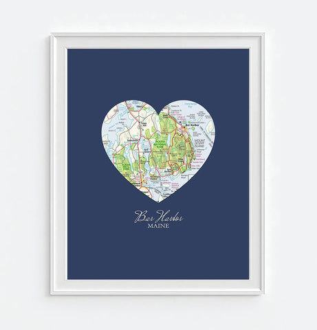 Bar Harbor Maine Vintage Heart Map ART PRINT