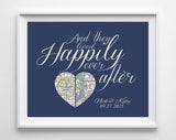 Custom Wedding Heart 2 Maps Happily Ever After Art Print