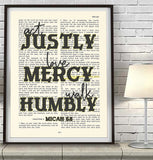 Act Justly, Love Mercy, Walk Humbly - Micah 6:8  Bible Verse Page Christian Art Print