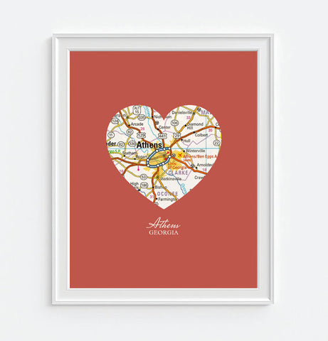 Athens Georgia Vintage Heart Map ART PRINT