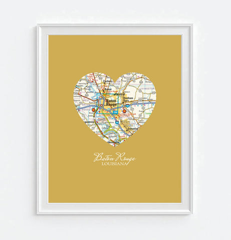 Baton Rouge Louisiana Vintage Heart Map ART PRINT