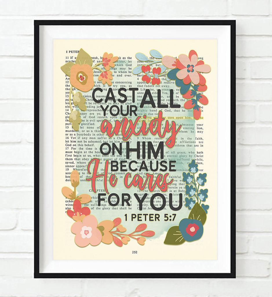 Cast all your anxiety on Him - 1 Peter 5:7- Bible Verse Page Floral Christian Art Print
