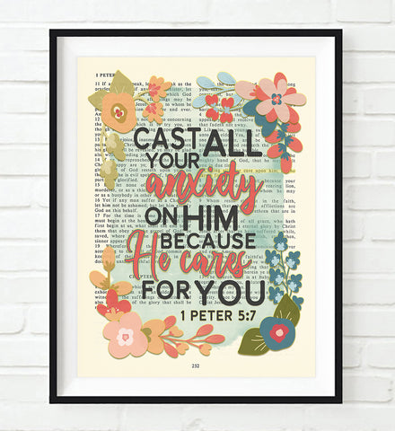 Cast all your anxiety on Him - 1 Peter 5:7- Bible Verse Page Floral Christian Art Print