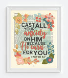 Cast all your anxiety on Him - 1 Peter 5:7- Bible Verse Page Floral Christian Art Print