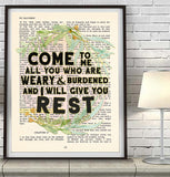 Come to me all you who are weary & burdened and I will give you rest - Matthew 11:28 Bible Verse Page Christian Art Print