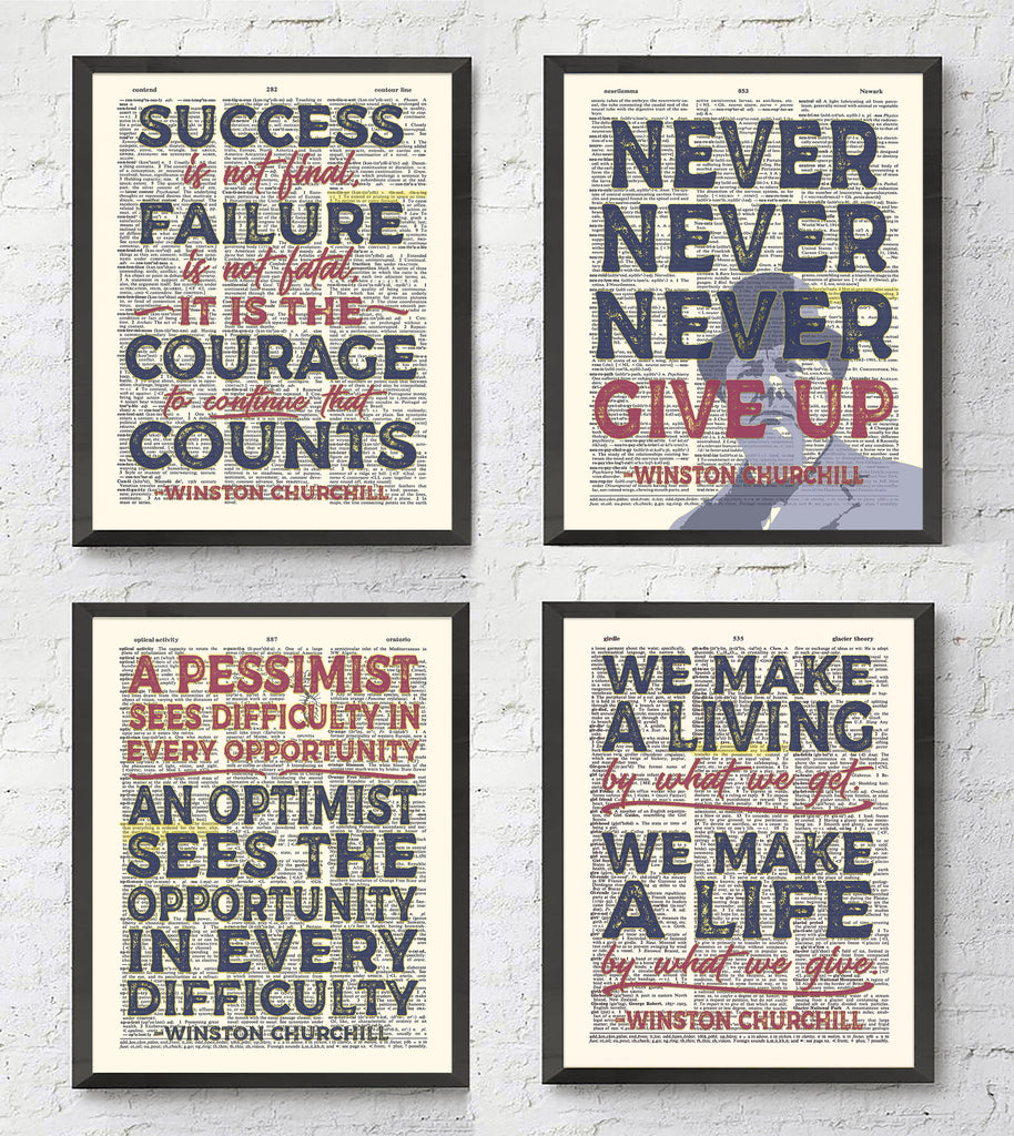Winston Churchill Quotes - Set of 4 - Vintage Dictionary Page Art Prints