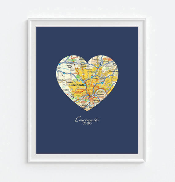 Cincinnati Ohio Heart Map ART PRINT