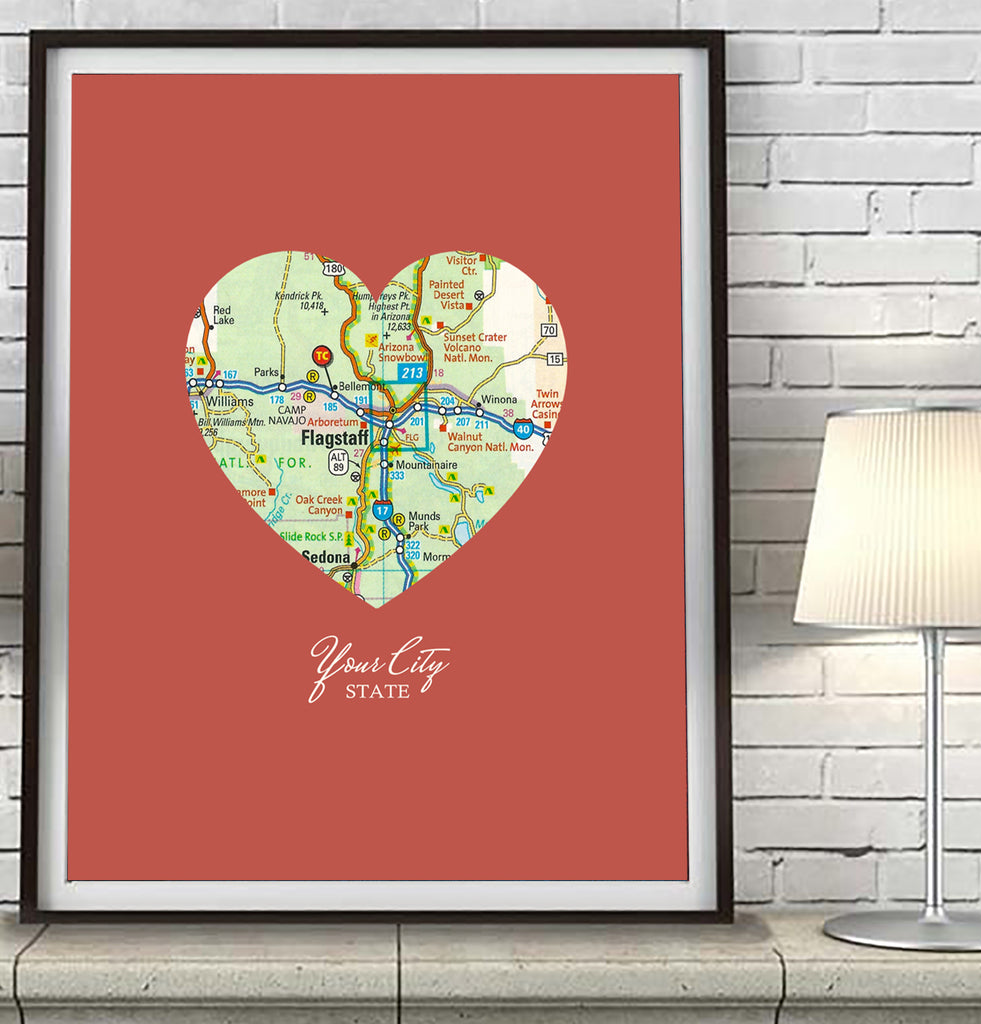 Custom City/State Heart Map - Couples- Engagement -Anniversary ART PRINT
