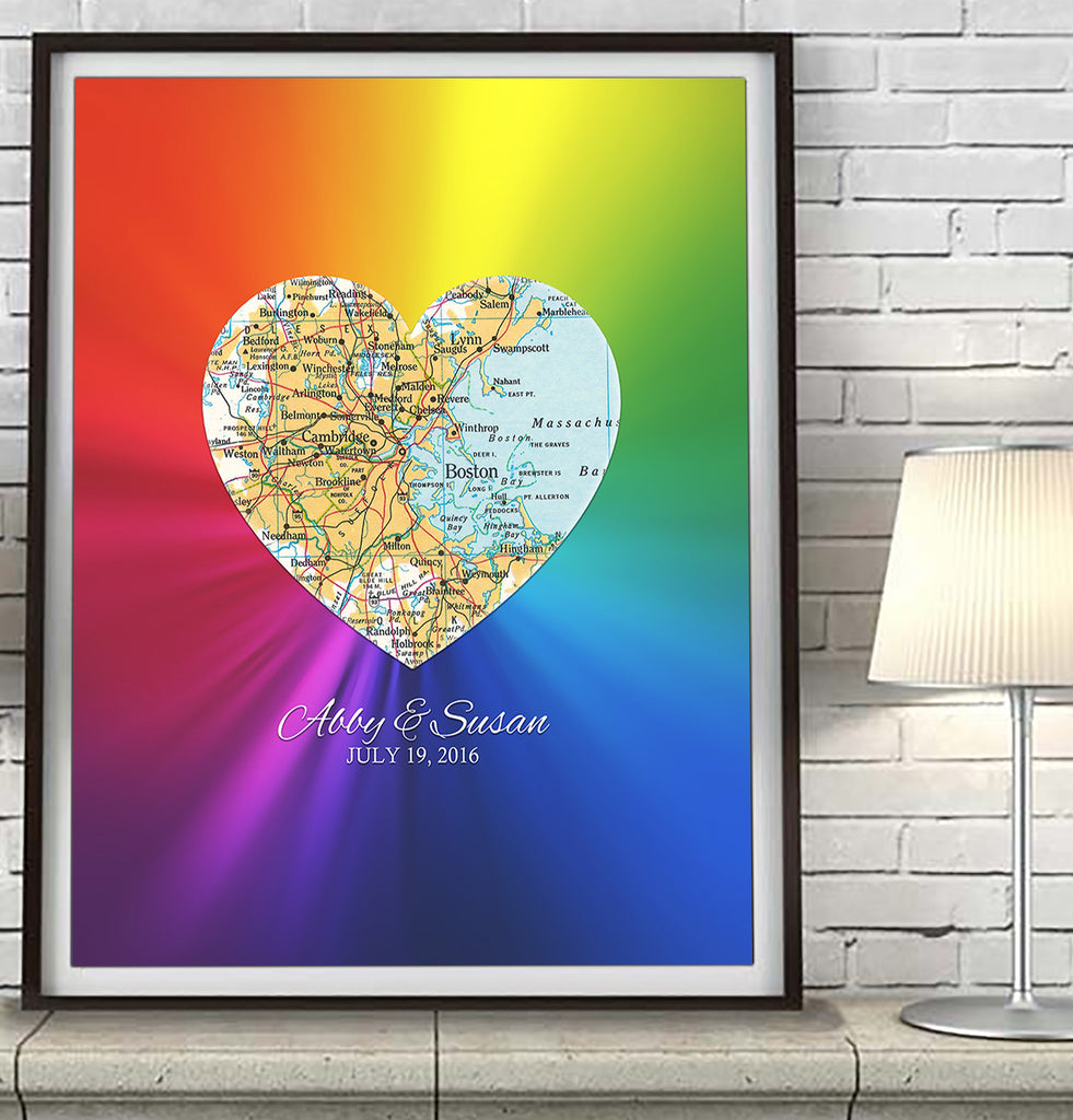 Rainbow Gay LGBTQ Custom Wedding Heart Map ART PRINT
