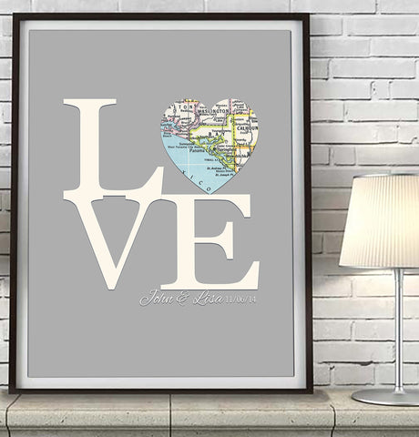 Custom Wedding LOVE Heart Map ART PRINT