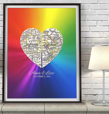 Rainbow Gay LGBTQ Custom Wedding Heart 2 Map ART PRINT