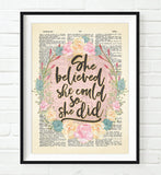 She Believed She Could So She Did - Though She Be But Little She is Fierce - Set of 2- Floral Vintage Dictionary Page Art Prints