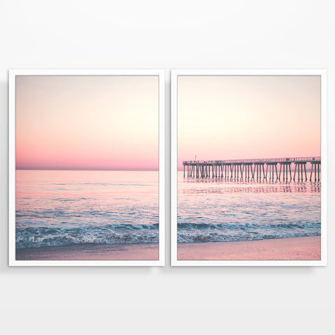 Sunrise Pier Dock Beach Photography Prints, Set of 2