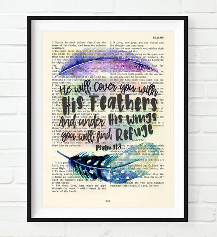 He will Cover you with His Feathers - Psalm 91:4 Bible Page Christian ART PRINT