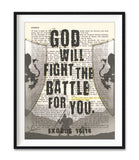 God Will Fight the Battle for You - Exodus 14:14 - Vintage Christian Bible Page ART PRINT