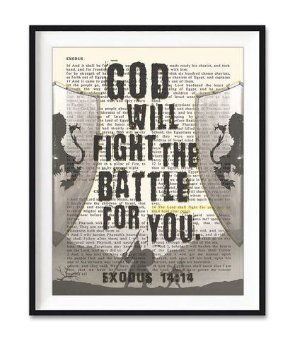 God Will Fight the Battle for You - Exodus 14:14 - Vintage Christian Bible Page ART PRINT