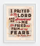 I Prayed to the Lord and He Answered Me - Psalm 34:4 Bible Verse Page Christian Art Print