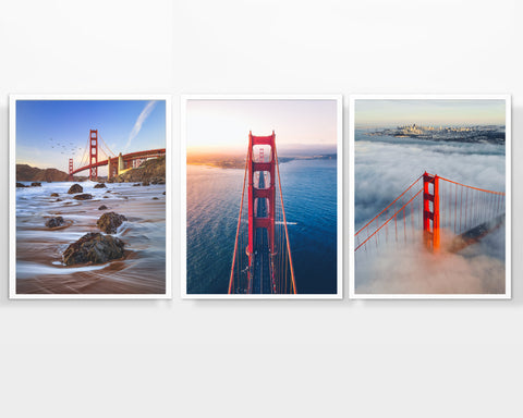 Vintage Golden Gate Bridge San Francisco California Photography Prints, Set of 3, Wall Decor