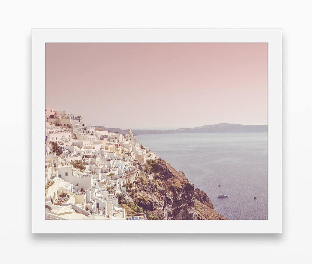 Santorini Greece Pink Vintage Seascape Photography Print, Coastal Wall Decor