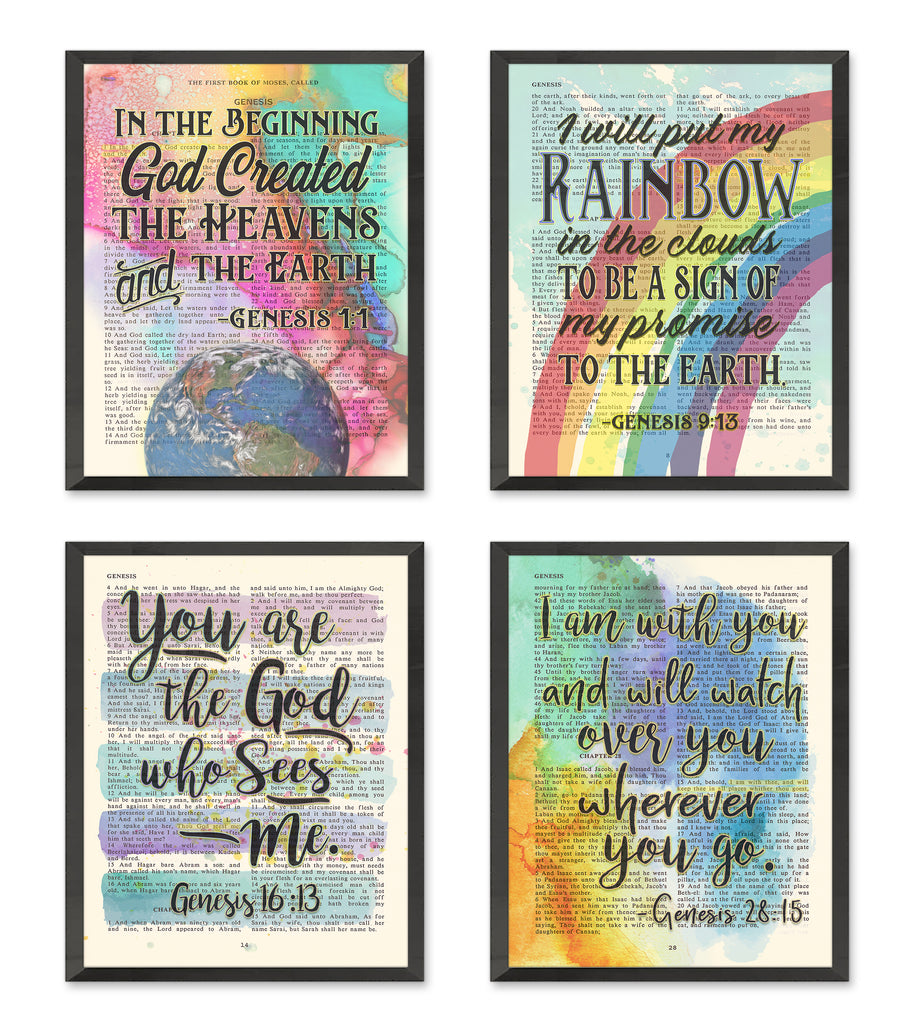 Genesis Art Print, Genesis 1:1, Genesis 9:13, Genesis 16:13, Genesis 28:15, Set of 4,  Bible Verse Page Christian Art Prints
