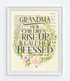 Grandma- Her Children Rise Up & Call Her Blessed - Proverbs 31:28 -Vintage Bible Page Christian ART PRINT