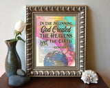 In the Beginning God Created the Heavens and Earth - Genesis 1:1 Vintage Bible Page Christian ART PRINT
