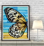 Golden Flight -Yellow and White Butterfly - Mixed Media Collage Folk Art Decor -Danny Phillips Fine Art Print