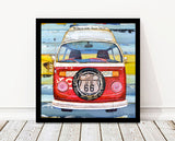 Get Your Kicks - Red VW Volkswagen Bus Van on Route 66 - Mixed Media Collage -Danny Phillips Fine Art Print