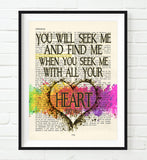Seek me with all your Heart - Jeremiah 29:13 Colorful Heart Bible Verse Page Christian Art Print
