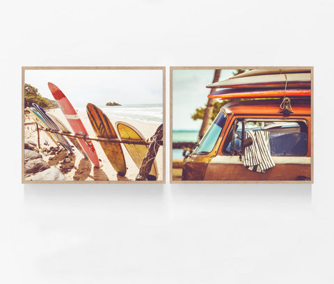 Hawaiian Beach Surfboard and Volkswagen Van Bus Photography Prints, Set of 2