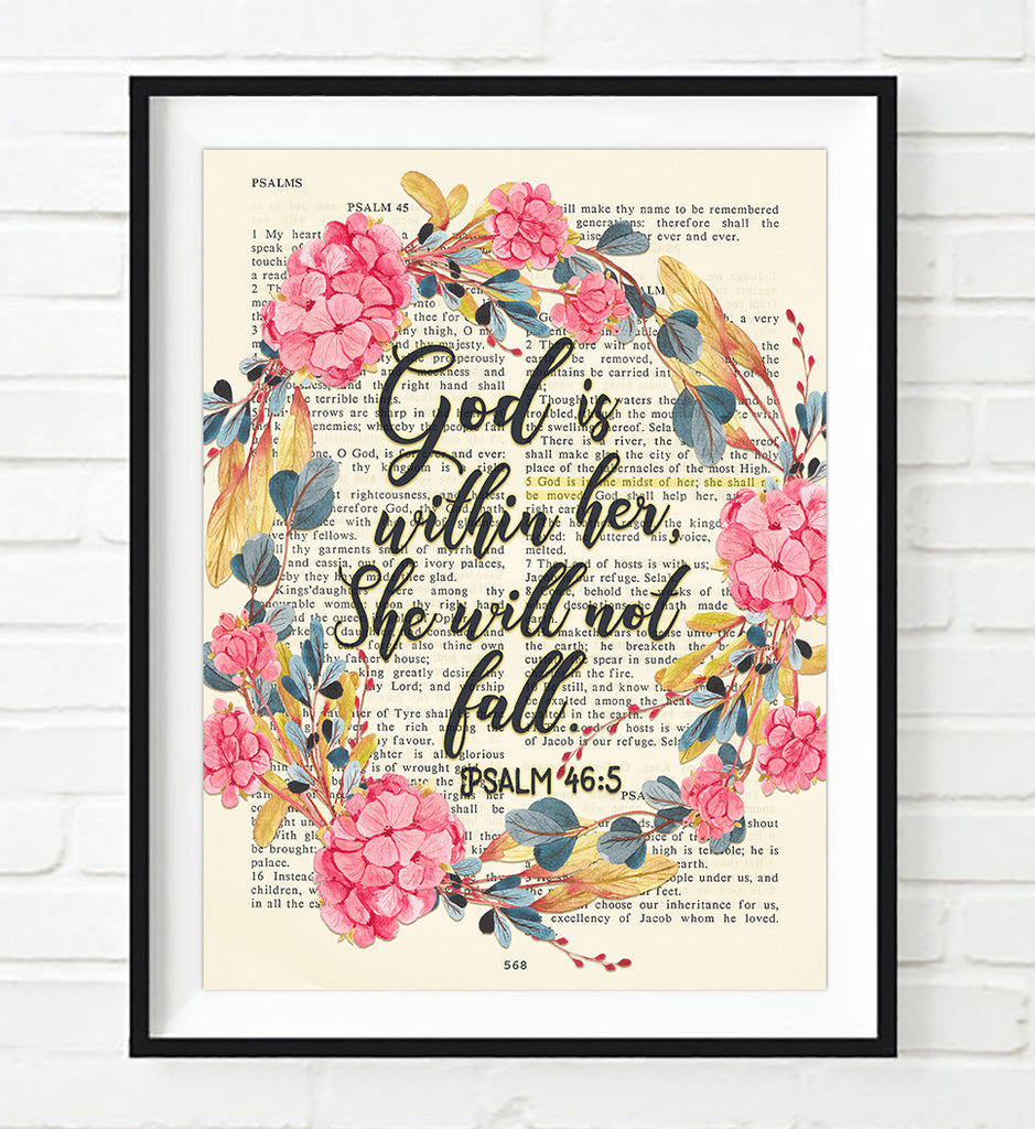 God is within her, She will not fall - Psalm 46:5 Vintage Bible Page Christian ART PRINT