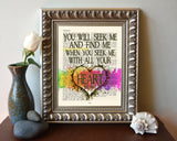 Seek me with all your Heart - Jeremiah 29:13 Colorful Heart Bible Verse Page Christian Art Print