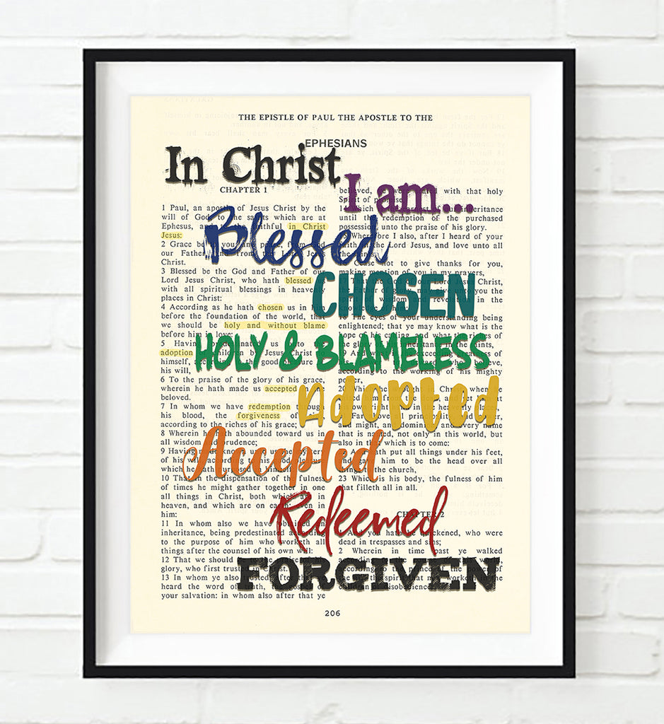 In Christ I am - Ephesians - Vintage Bible Page Art Print Poster Gift