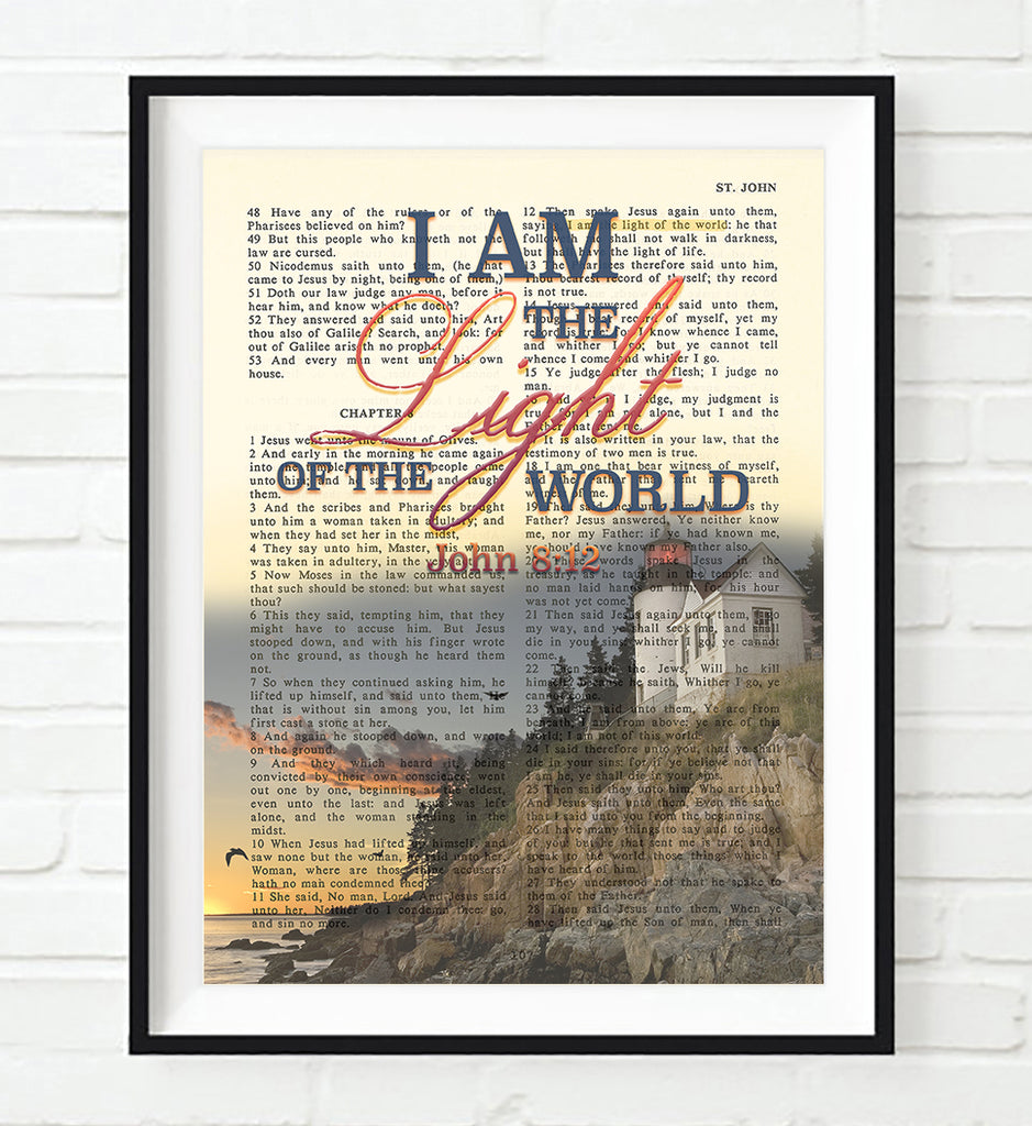 I Am the Light of the World - John 8:12 -Vintage Bible Page Christian ART PRINT