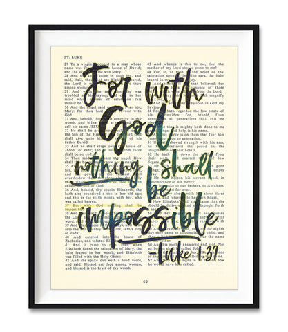 For With God Nothing Shall Be Impossible - Luke 1:37 Bible Verse Page Christian Art Print