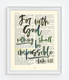 For With God Nothing Shall Be Impossible - Luke 1:37 Bible Verse Page Christian Art Print