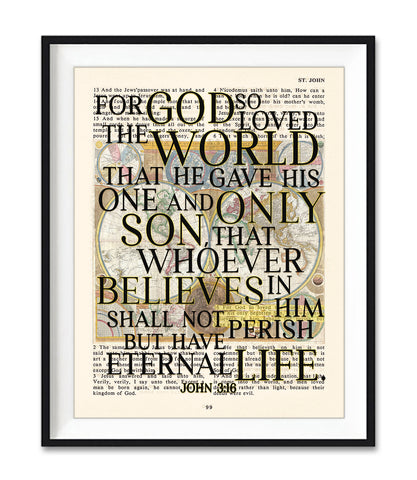 For God So Loved the World - John 3:16 - Bible Verse Page Christian ART PRINT