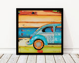 Just Roll with It- VW Volkswagen Bug at the Beach - Mixed Media Collage -Danny Phillips Fine Art Print
