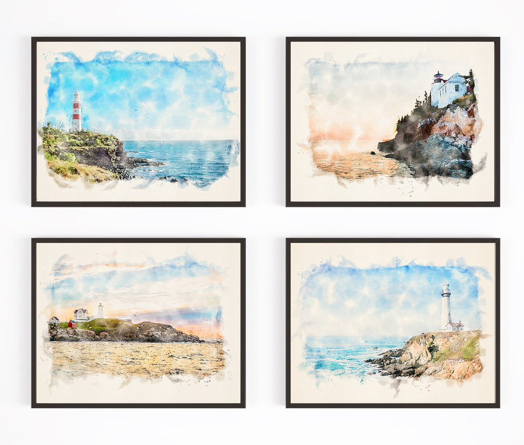 Lighthouse Digital Sketch and Watercolor Reproduction Art Prints, Set of 4, Nautical Coastal Home Wall Art Decor Poster