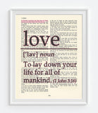 Love Definition - to lay down your life - 1 John 3:16 Bible Page ART PRINT
