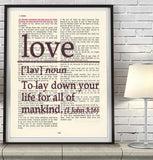 Love Definition - to lay down your life - 1 John 3:16 Bible Page ART PRINT