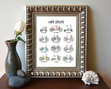 Life Cycles - Bicycle Bike Chart illustration ART PRINT, Cycling Biking Wall Home Art Decor Poster