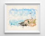 Lighthouse Digital Sketch and Watercolor Reproduction Art Prints, Set of 4, Nautical Coastal Home Wall Art Decor Poster