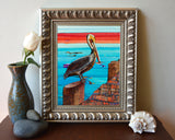 Layover - Pelican on Pier - Mixed Media Collage folk art- Coastal Decor -Danny Phillips Fine Art Print