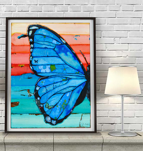 Majestic Morpho - Butterfly - Mixed Media Collage Folk Art Decor -Danny Phillips Fine Art Print