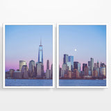 New York City Downtown Skyline at Sunset Photography Prints, Set of 2, NYC Wall Decor