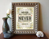 Never will I leave you, Never will I forsake you - Hebrews 13:5 Bible Verse Page Christian Art Print