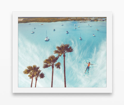 Palm Trees Boat Beach Swimming Man Collage Art  Photography Print, Coastal Wall Decor