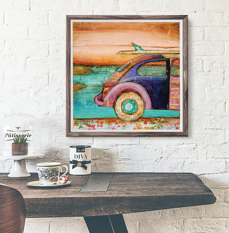 The Perfect Day - VW Volkswagen Bug Beetle with a Surfboard - Mixed Media Collage -Danny Phillips Fine Art Print